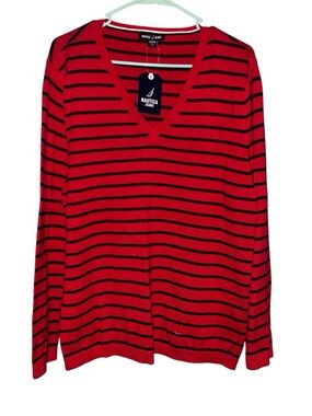 Nautica Red and Navy blue Striped V-Neck Sweater